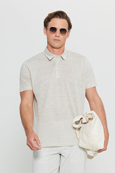 ALTINYILDIZ CLASSICS Men's Beige 100% Linen Slim Fit Slim Fit Polo Neck T-Shirt