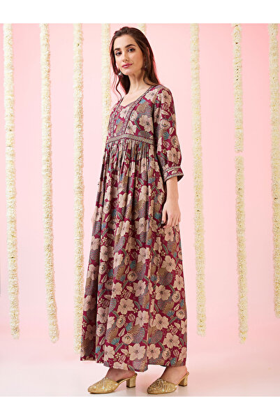 Globus By Styli Gold Foil Floral Print Gathered Fusion Maxi Dress