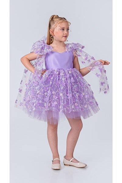 Mnk Baby&Kids Floral Brode Pattern İmeros Girl Evening Dress M00736 Lila