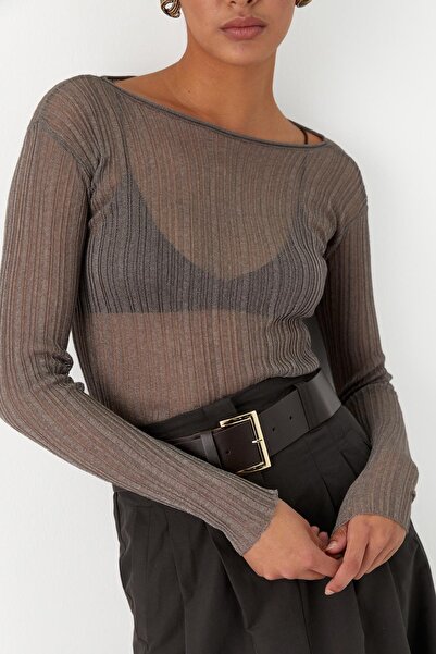 MARKALİSTE Ημιδιαφανές μακρυμάνικο μπλουζάκι κοτλέ βιζόν