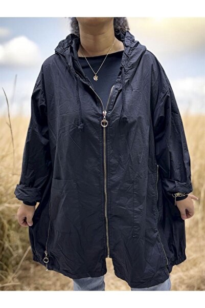 NUR TEKSTİL Kadın siyah Kapüşonlu Torba Cepli Yandan Fermuar ile Daraltıla bilen Italyan Yağmurluk Rüzgarlık