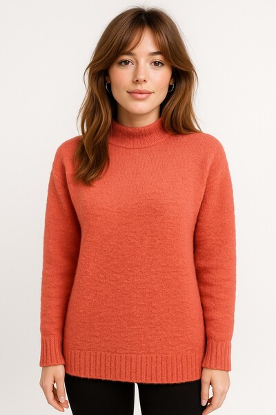 Okçu Triko Soft Textured High-Necked Knitwear-25K43793-Coral-19