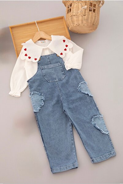 sobekidstore Kız çocuk kalpli gömlekli kot salopet,gömlek salopet tulum