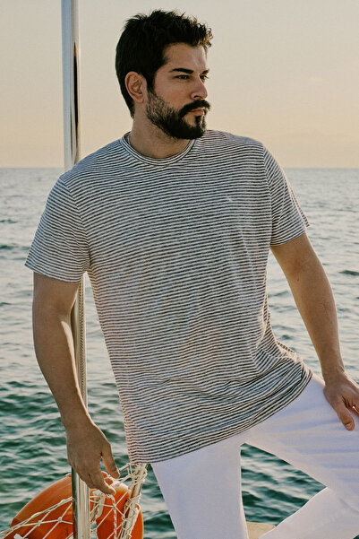 ALTINYILDIZ CLASSICS Men's Grey-Ecru 100% Linen Slim Fit Slim Fit Striped Crew Neck T-Shirt