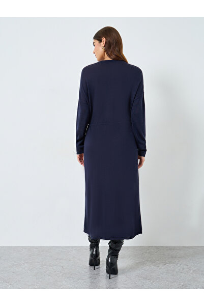 Take Two By Styli Solid Belted Round Neck Knitted Midi Dress