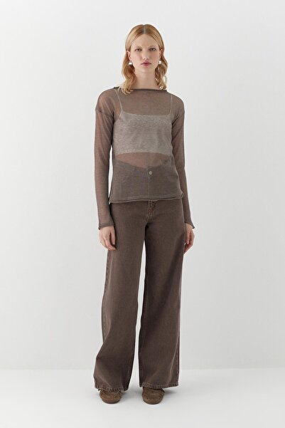 MARKALİSTE Ημιδιαφανές μακρυμάνικο μπλουζάκι βιζόν