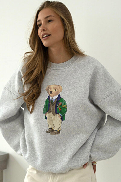 The Champ Clothing Жіночий сірий оверсайз-светр з принтом ведмедя - велосипедний комір, 3 нитки, шерстяний зимовий фасон