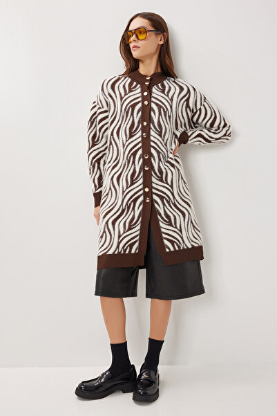 Lovelyİstanbul Patterned Long Knit Cardigan Lnx0015 Brown Bone
