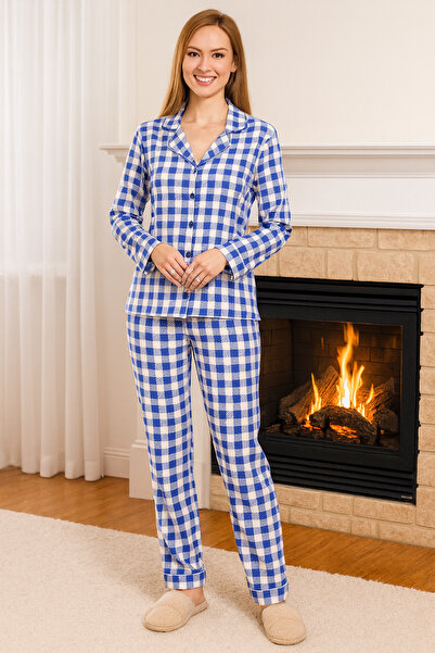 REMSA Set de pijamale pentru femei cu model în carouri Suprem cu nasturi în față 0470 Blue03