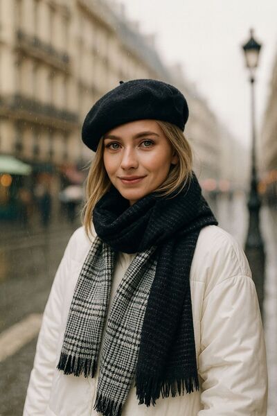 BALIENTE Black Houndstooth Double-Sided Scarf and French Painter Beret Set of 2