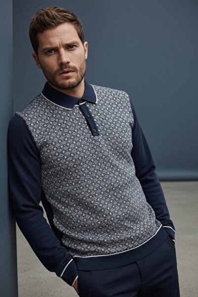 Sarar Πουλόβερ με γεωμετρικό σχέδιο με γιακά πόλο σε μπλε ναυτικό γκρι πλεκτό πουλόβερ