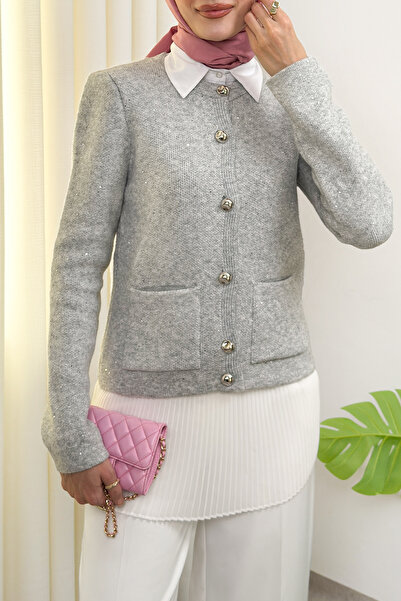 Salih Çelebi Shiny Sequin Buttoned Knitwear Cardigan 07426 - Gray