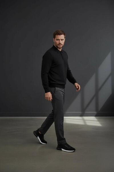 Sarar Πουλόβερ με φερμουάρ και γιακά πόλο, μαύρο καπνιστό πλεκτό πουλόβερ