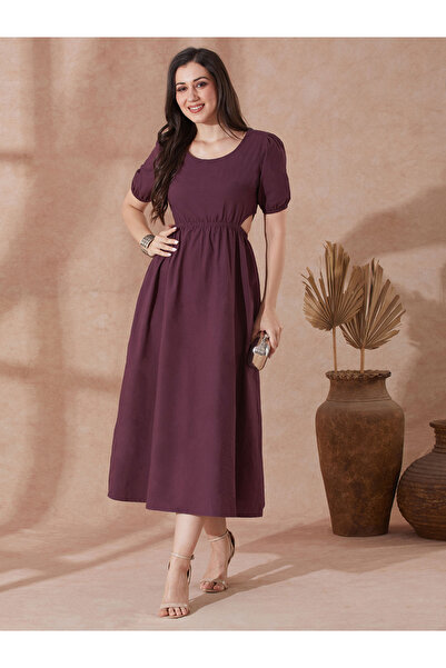 Globus By Styli Burgundy Puff Sleeves Cut Out Detail Midi Dress