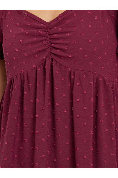 Styli Dobby Pattern Ruched V Neck Nightdress with Puff Sleeves