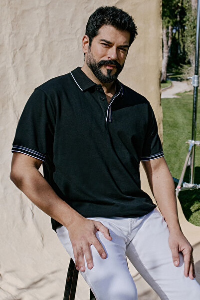 ALTINYILDIZ CLASSICS Men's Black 100% Cotton Slim Fit Slim Fit Polo Neck T-Shirt