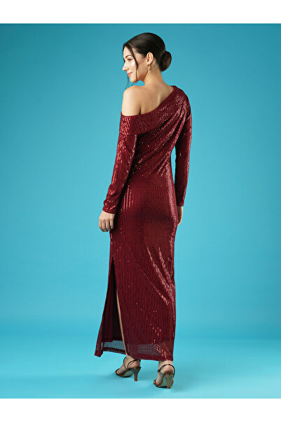 Globus By Styli Maroon Sequined One Shoulder Sheath Maxi Dress