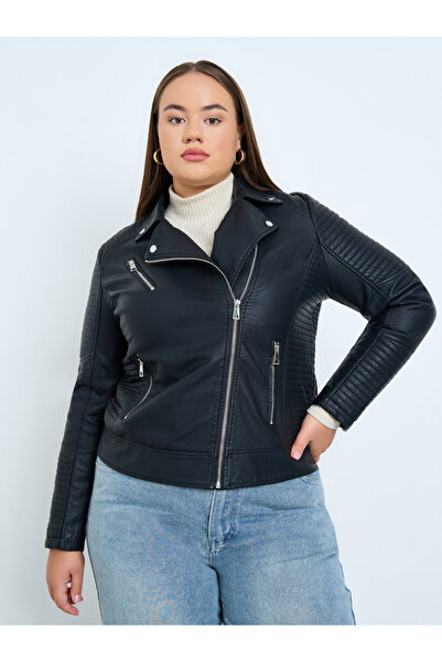 Take Two By Styli Plus Size Black Faux Leather Biker Jacket