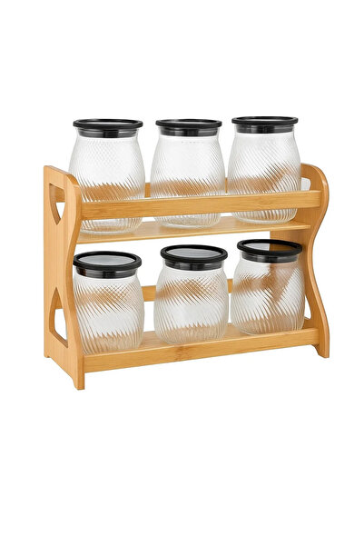 Urbanza 6 Swirl Glass Jars with Black Lids & Wooden Rack – Kitchen Spice Storage Organizer Set