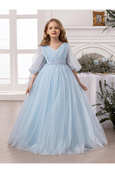 Take Two By Styli Blue Mesh Lace Detail Balloon Sleeve Dress