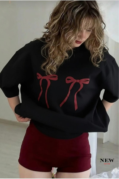 New Shine Μπλουζάκι με κόκκινο φιόγκο με τύπωμα oversized