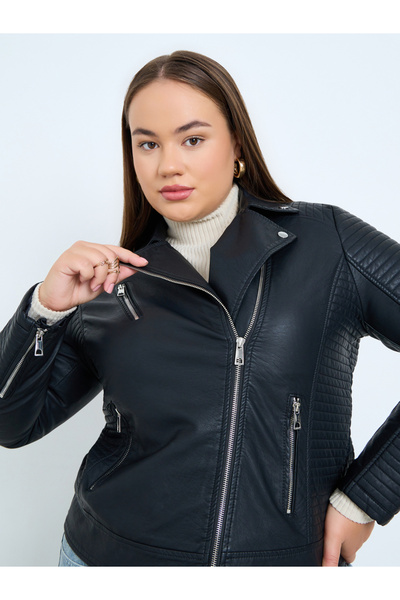 Take Two By Styli Plus Size Black Faux Leather Biker Jacket