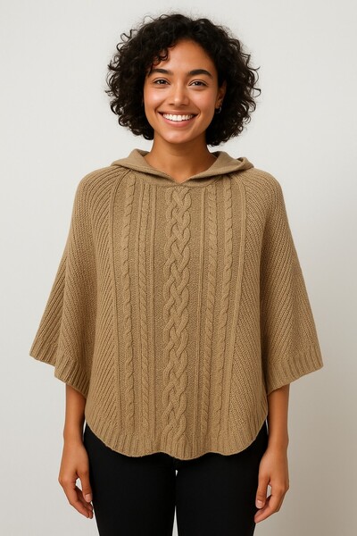 Okçu Triko Kapitone Örgü Detaylı Kapüşonlu Triko Panço-25K43767-BEJ-04