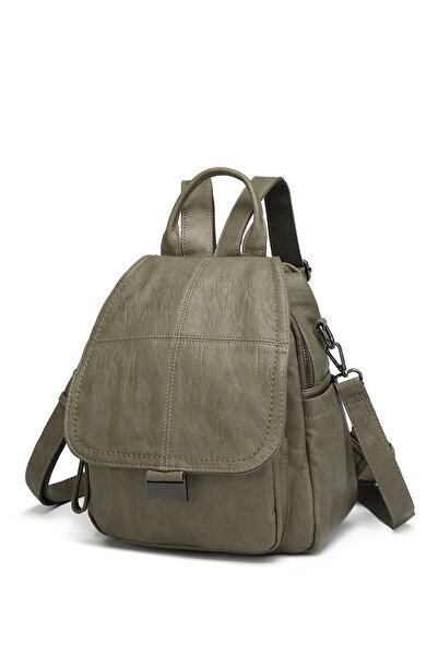 Hüvendo Barcelona Multi-Pocket Cover Detailed Casual Medium Size Women's Backpack Green