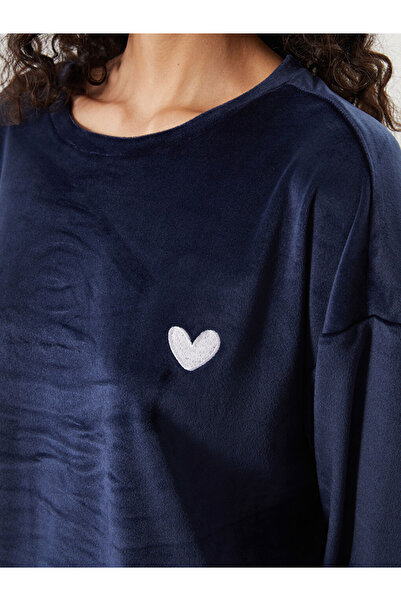 LC Waikiki Young Navy Blue Crew Neck Embroidered Long Sleeve Women's Pajama Set