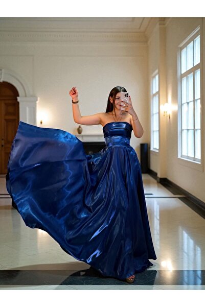 OLA Stella Hologram Saten Straplez Gece Mavi Renk Abiye Elbise