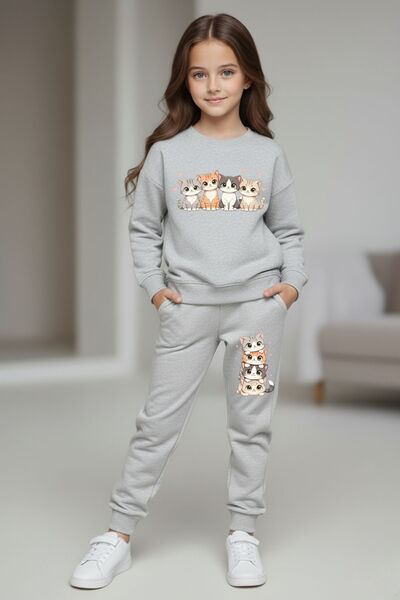 cm buseyiz Girl's 4Cats Printed Crew Neck Tracksuit Set – Black & Grey