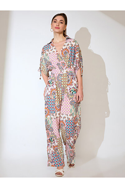 Globus By Styli Multi Ruched Sleeves Ethnic Motif Print Belted Fusion Jumpsuit