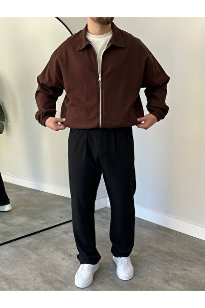 freemen Men's Basic Gabardine Fabric Zippered Oversized Transitional Polo Collar Tile Jacket