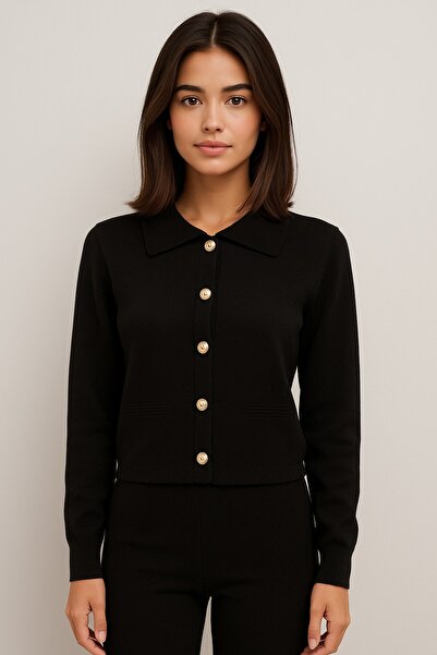 Okçu Triko Contrast Collar Detailed Slim Knitwear Cardigan-25K43702-Black-99