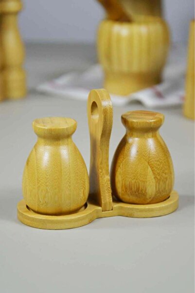 SepetçiBaba 3 Parça bambu Standlı Tuzluk Biberlik