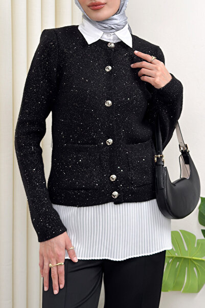 Salih Çelebi Shiny Sequin Buttoned Knitwear Cardigan 07426 - Black