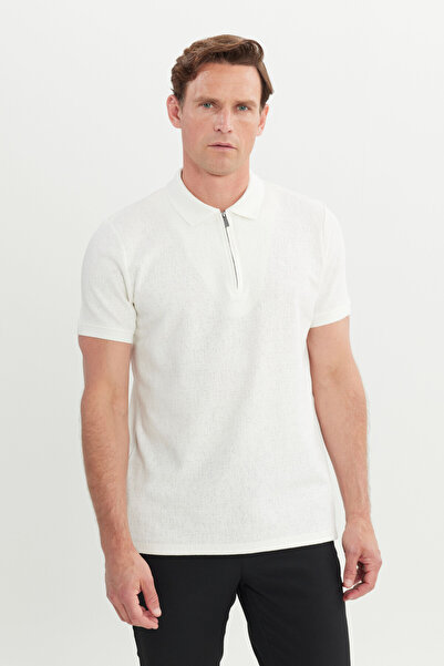 ALTINYILDIZ CLASSICS Men's Ecru Cotton Slim Fit Slim Fit Jacquard Polo Neck Flexible T-Shirt