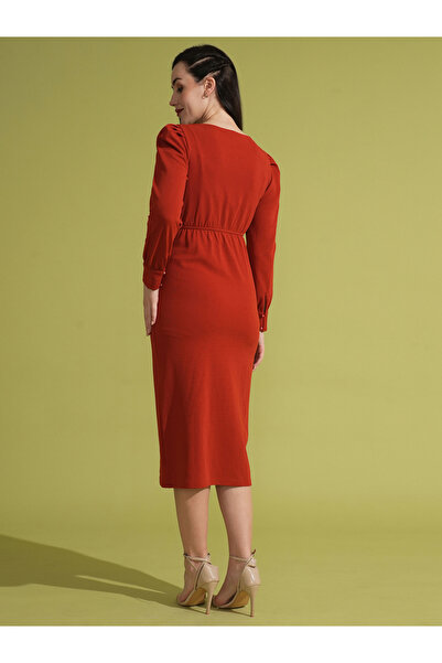 Globus By Styli Women Red V-Neck Twisted Detail Midi Dress