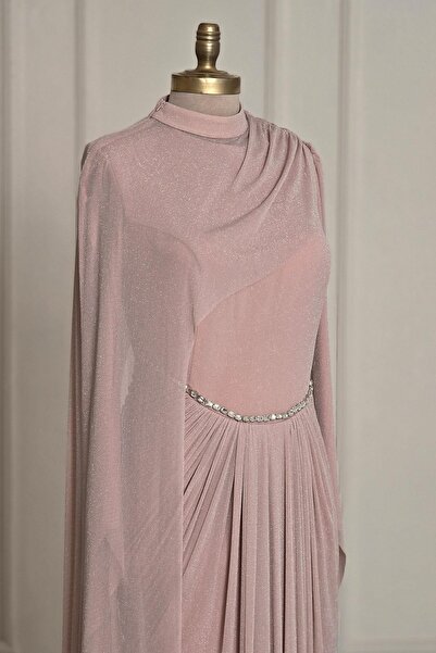 Yonca Moda Evi Pembe Simli Tül Tesettür Abiye 5480