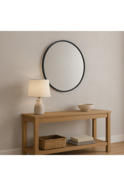 Ebticar Round Wooden Frame Mirror – Black