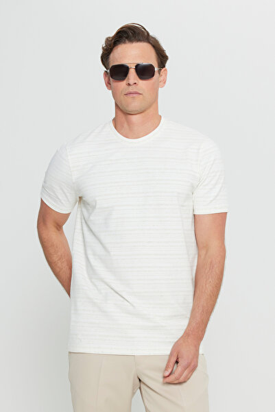 ALTINYILDIZ CLASSICS Men's Ecru Cotton Slim Fit Slim Fit Crew Neck Stretch T-Shirt