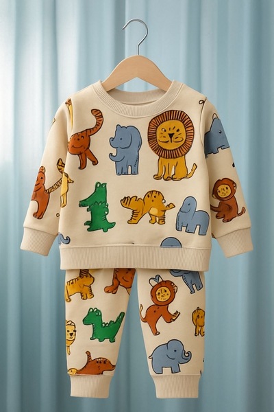 nazarbebe 3-7 Years Old Boys' 100% Cotton Animal Pattern Two-Piece Comfortable Set – Casual & Home Wear