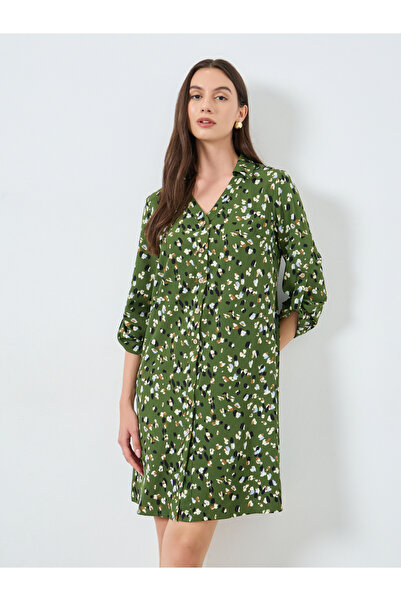 Take Two By Styli Khaki Graphic Print Knee-Length Shirt Dress