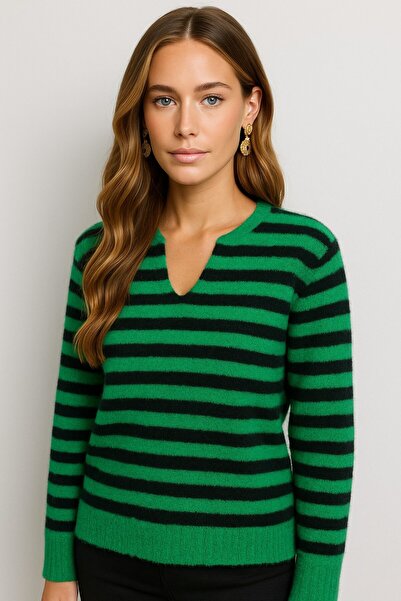 Okçu Triko Striped V-Neck Knitwear-25K43801-Green-20