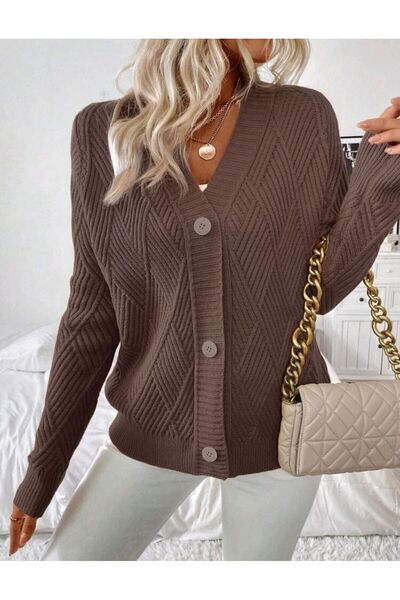 SolQ Baklava Patterned Buttoned Model Woven Detailed Long Sleeve Knitwear Cardigan