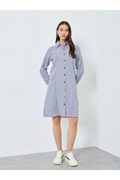 Take Two By Styli Striped Button Front Knee Length Shirt Dress