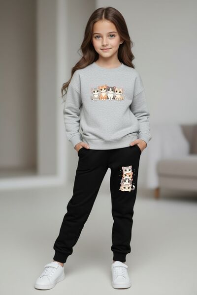 cm buseyiz Girl's 4Cats Printed Crew Neck Tracksuit Set – Black & Grey