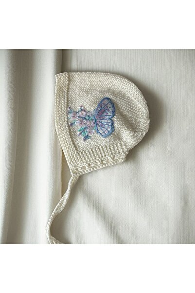 The Cloudish Shop Baby Hand-Knitted Romper Hat Set for Photo Shoot, Off-White Embroidered Sequin Butterfly Applique