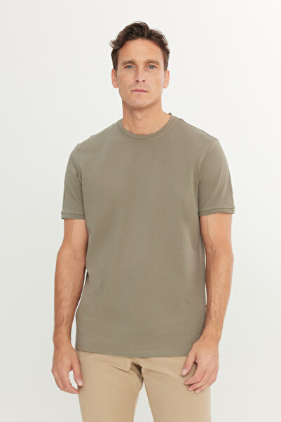 ALTINYILDIZ CLASSICS Men's Khaki 100% Cotton Slim Fit Slim Fit Crew Neck T-Shirt