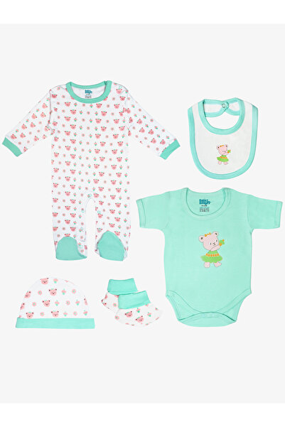 Babies Basic By Styli 5-Piece 100% Cotton Bib, Romper, Mittens, Cap and Sleepsuit Set